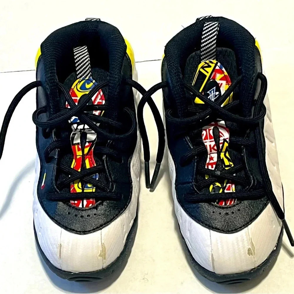 Nike Little Posite Foamposite kids tennis shoes size 10C yellow trim black white